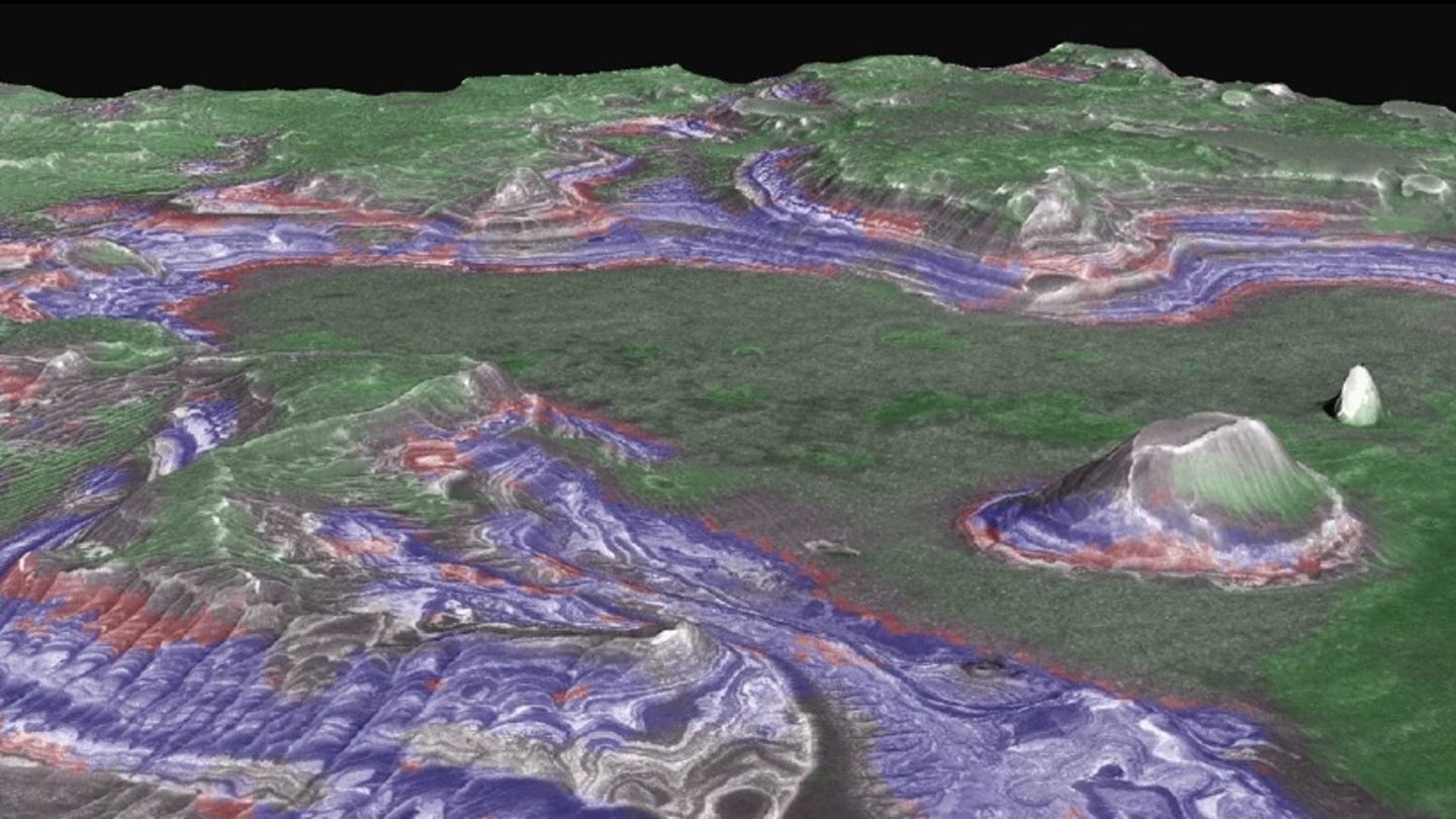 View of the plateau above Juventae Chasma showing the ferric hydroxysulfate in red.