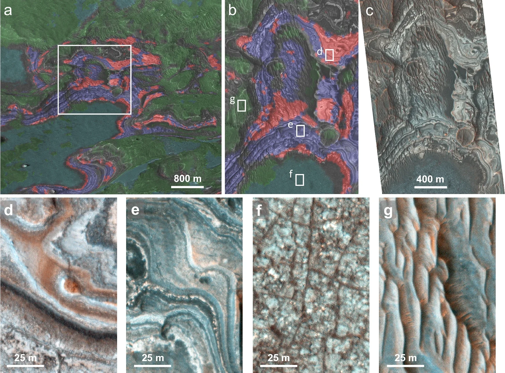Morphologies of Geologic Units on the Juventae Plateau. Mineral map from CRISM image FRT00005814 overlain on HiRISE DTM with red assigned to the Fe3+SO4OH-bearing phase, blue to polyhydrated sulfate, dark cyan to pyroxene-bearing basalt-1, and medium green to pyroxene-bearing basalt-2. 