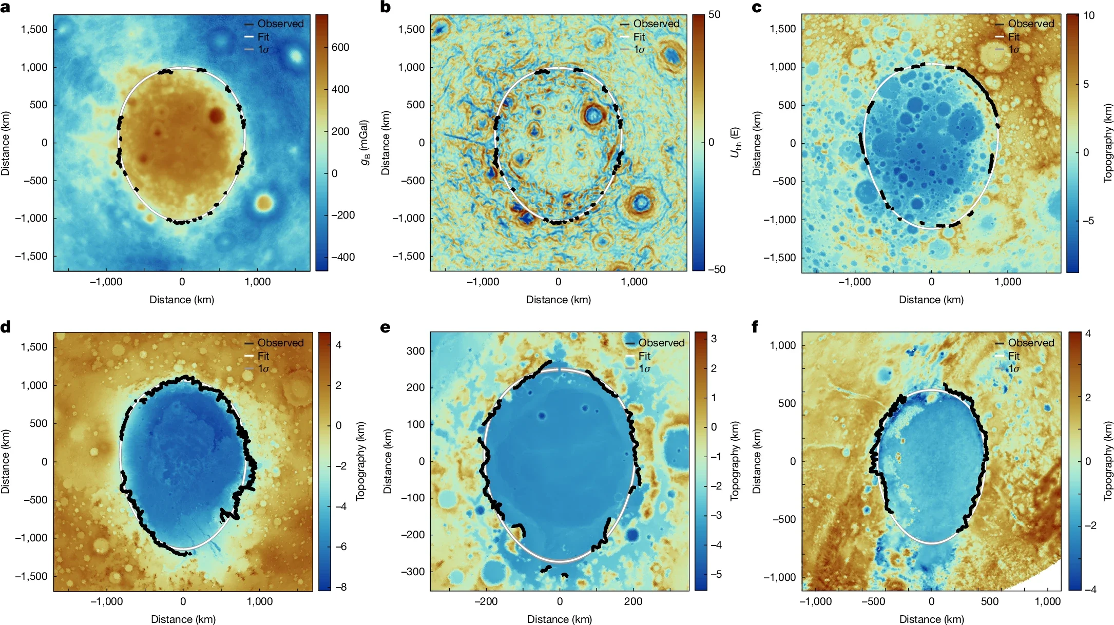 Gravity and topography maps of giant tapered impact basins.