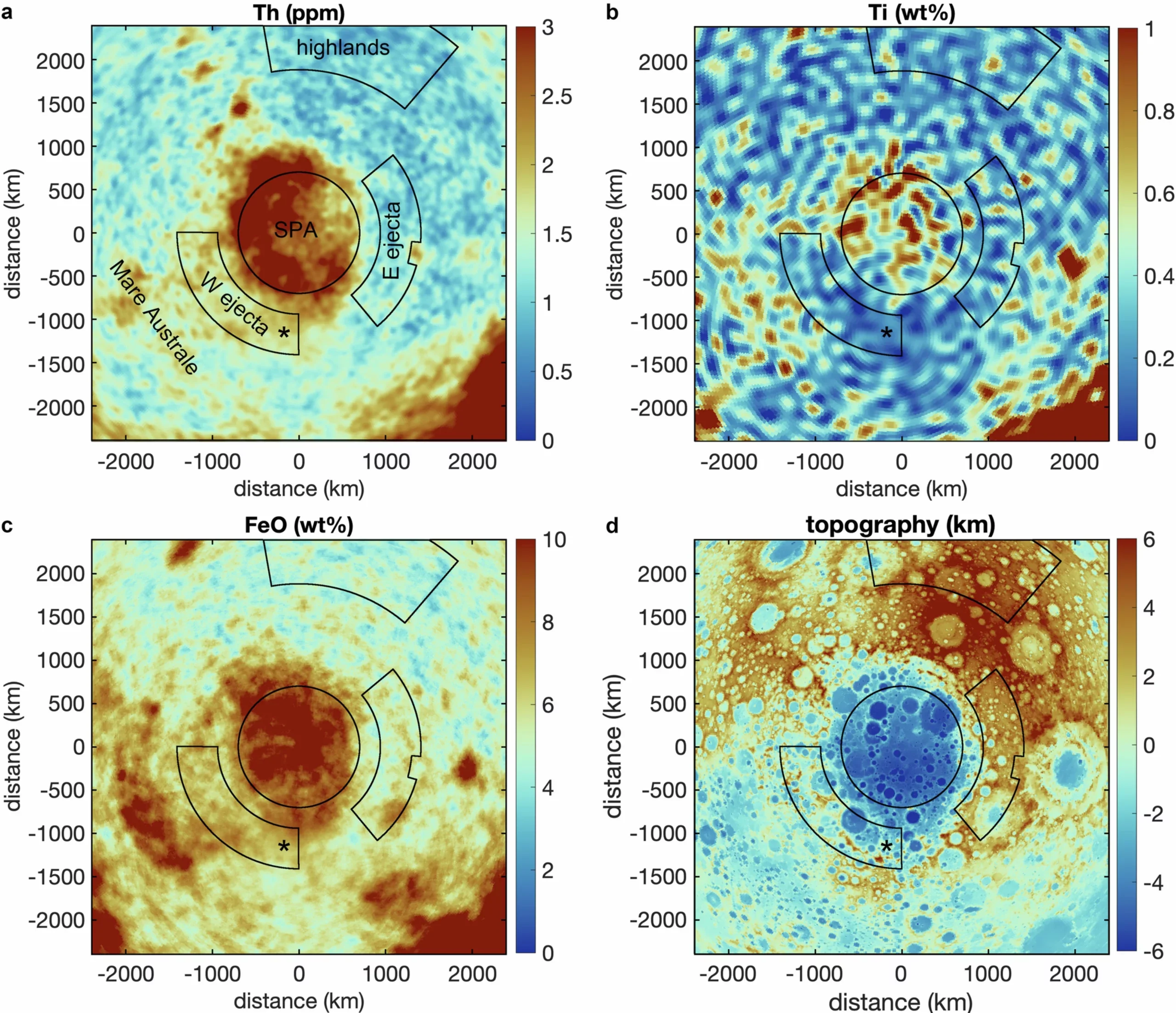 Surface composition within and around the SPA basin.