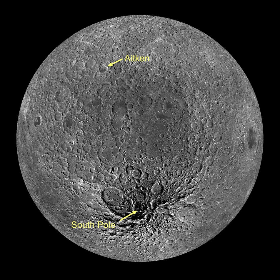 The Moon's largest impact feature, the South Pole–Aitken basin, is so named because it stretches between Aitken crater and the south pole.