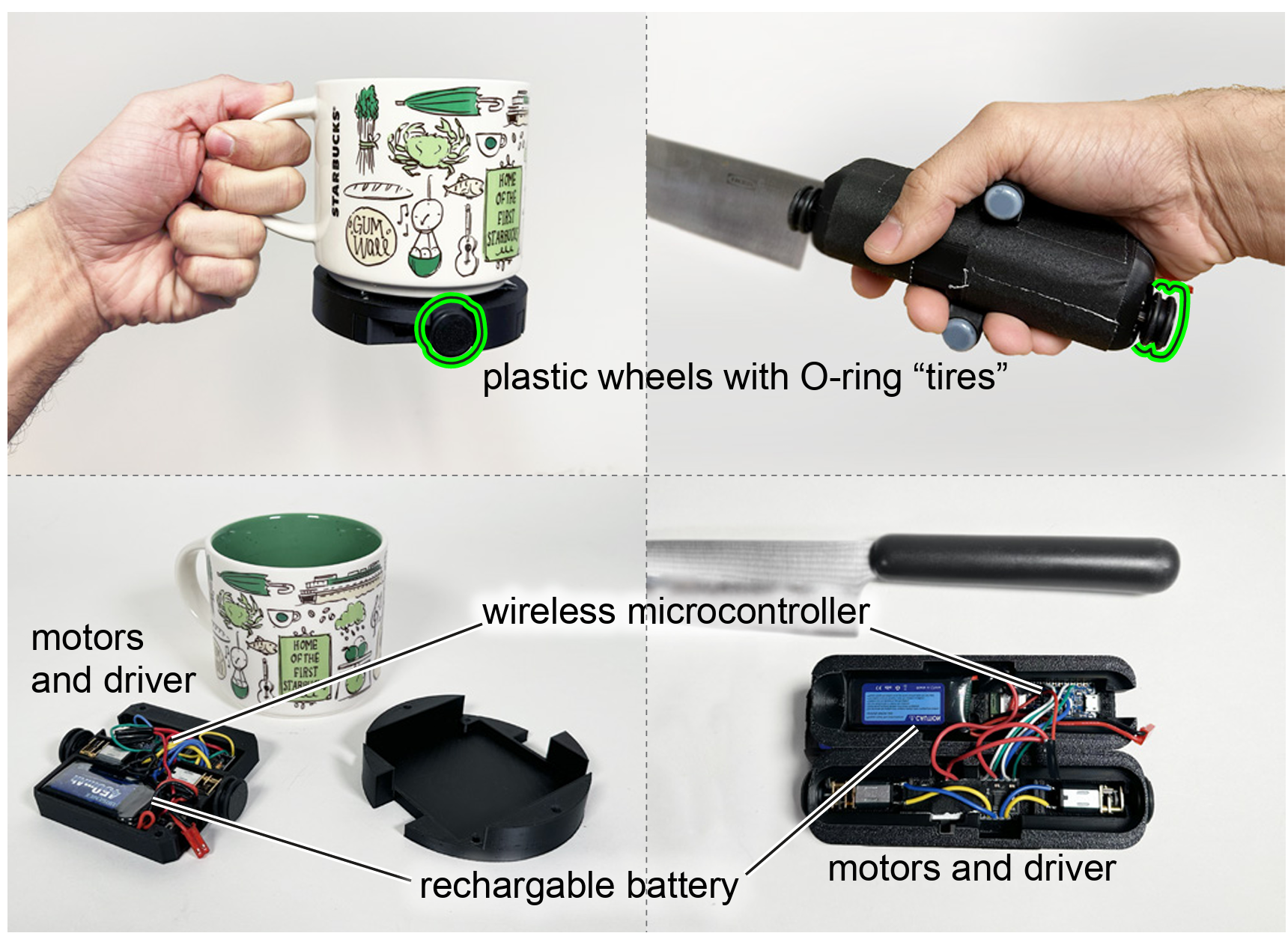 Researchers augment everyday objects, such as coffee mugs and kitchen knives, with small wheels that allow them to move across flat surfaces. These robotic objects are controlled wirelessly by a motion subsystem. 