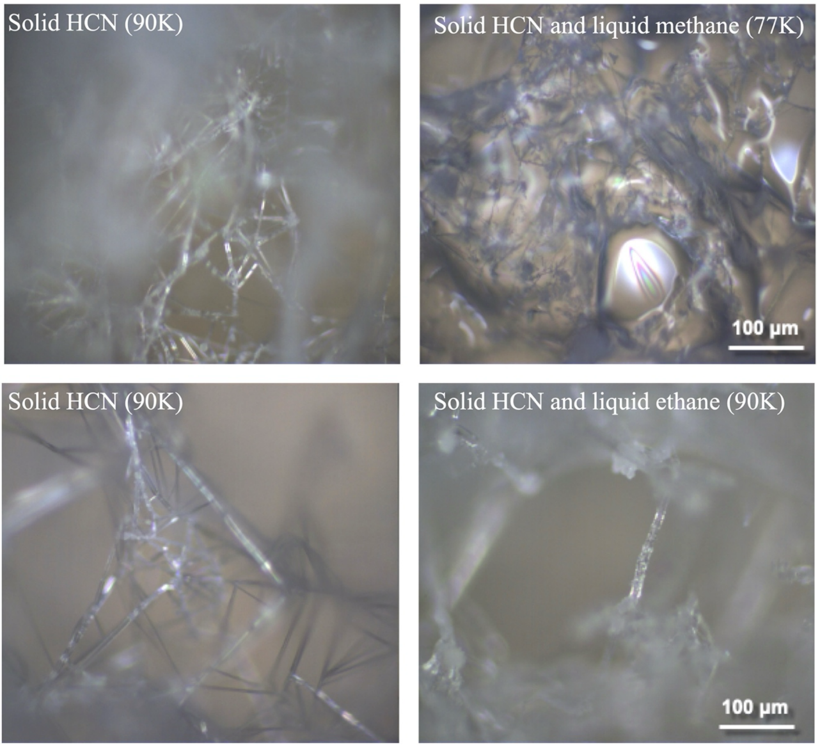 Microscope images (10X) at 90 K of HCN crystals before (left) and after (right) the addition of ethane and methane.