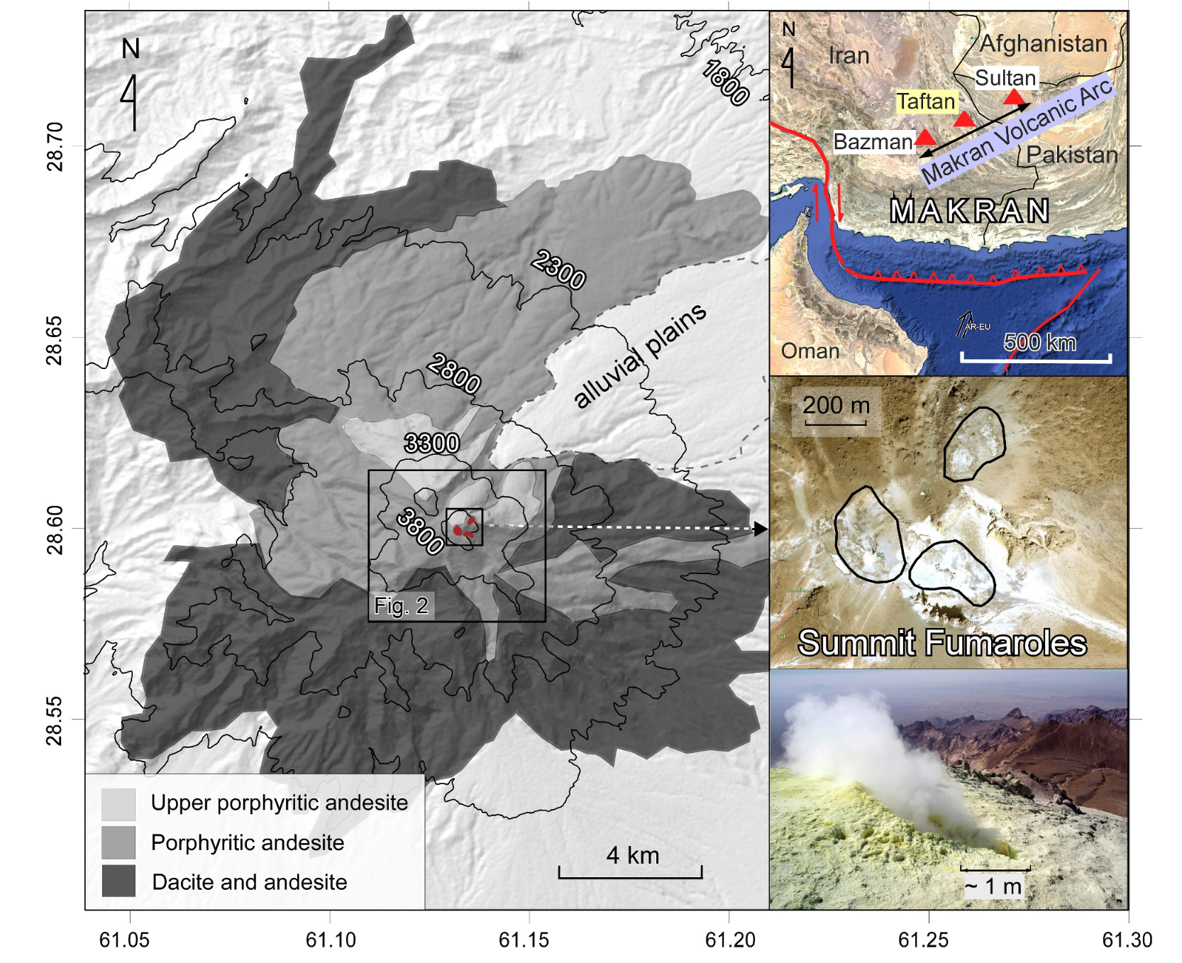 A simplified geological map of Taftan volcano indicating the active summit fumarole areas highlighted as irregular red polygons