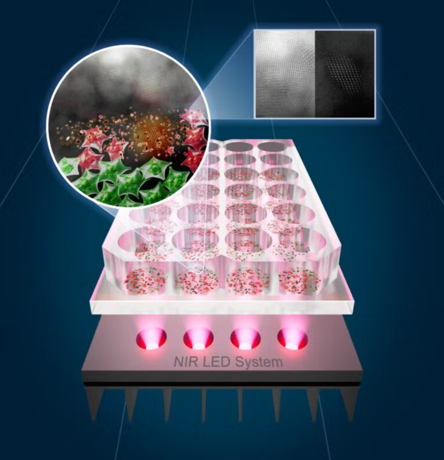 he researchers’ custom near-infrared LED heating system activates SnOx nanoflakes that heat and neutralize cancer cells (green: live cells; red: cells killed by photothermal therapy).