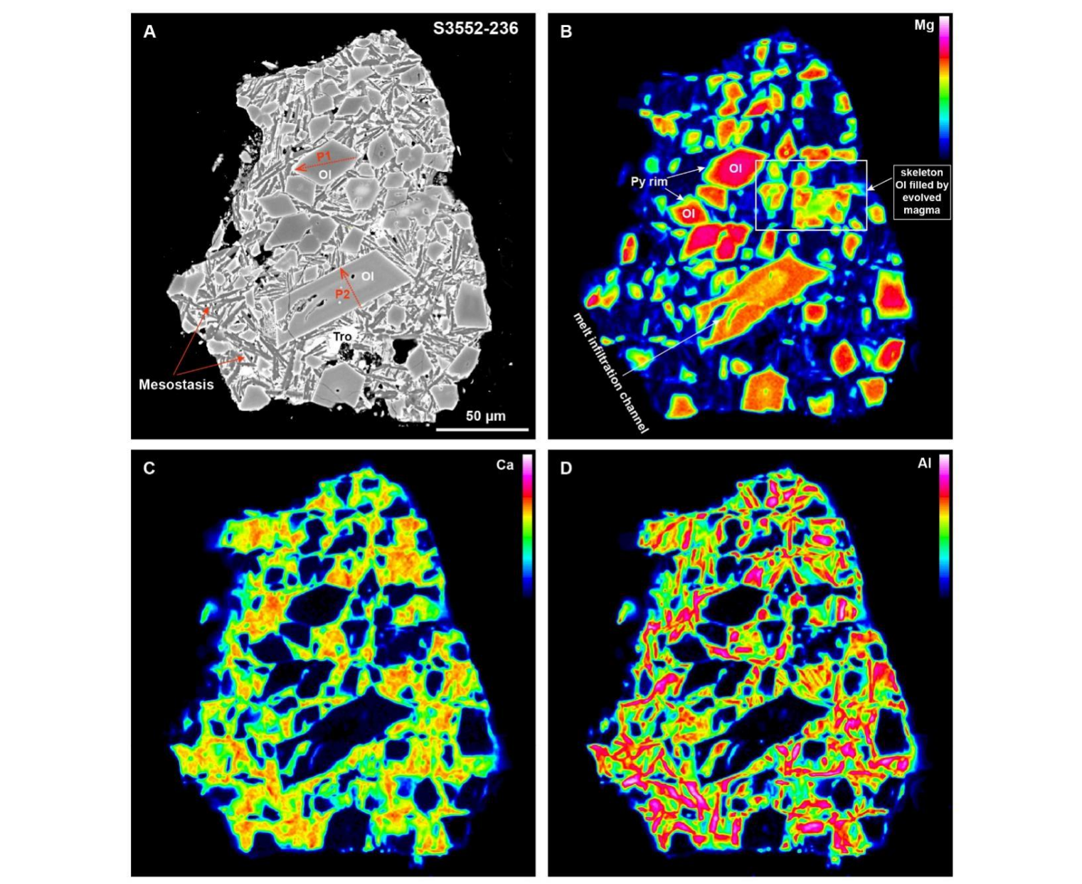 Representative BSE (A) and elemental intensity mapping of Mg (B), Ca (C) and Al (D) of clast S3552-236, showing the distribution of the olivine, troilite, and mesostasis.