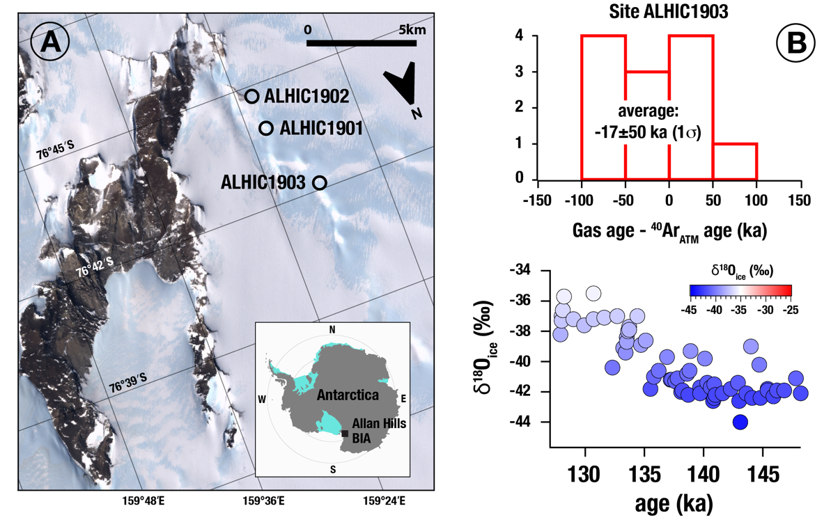 Map of the Allan Hills Blue Ice Area (BIA) and the shallow ice cores used in this study