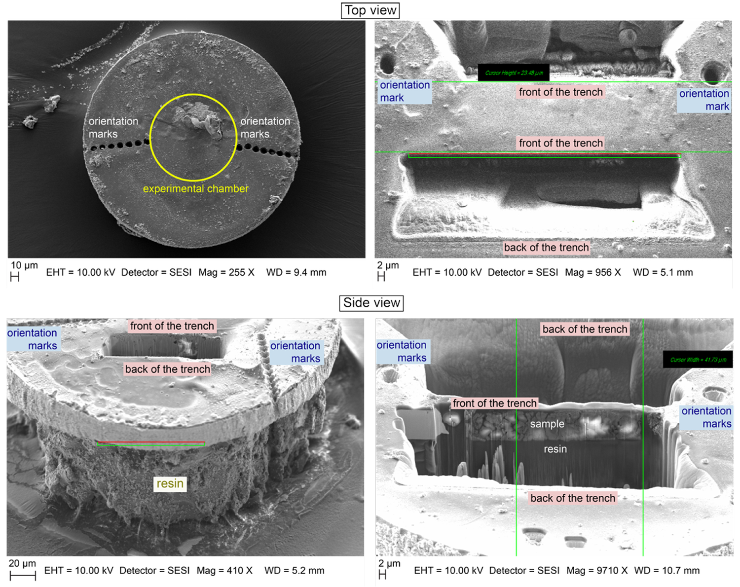 Pictures taken with the SEM before and during FIB milling, from the top and from the side, illustrating the different steps of samples preparation for nanoSIMS.