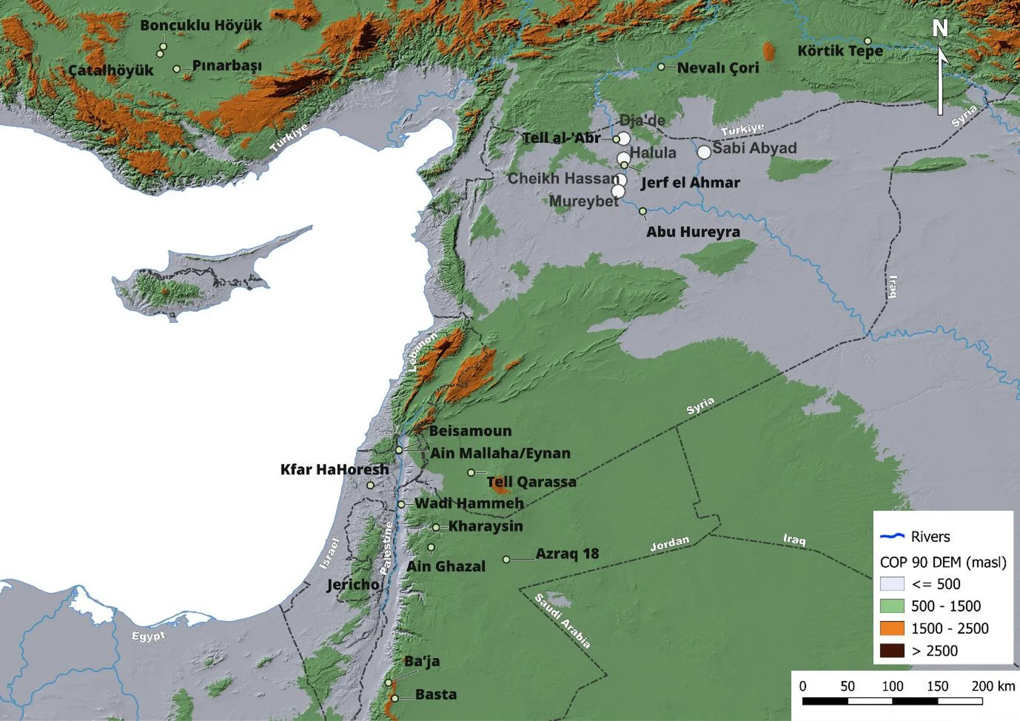 All sites mentioned in the study paper. Large white circles indicate the sites analyzed in this study. Produced using Copernicus WorldDEM-30. 