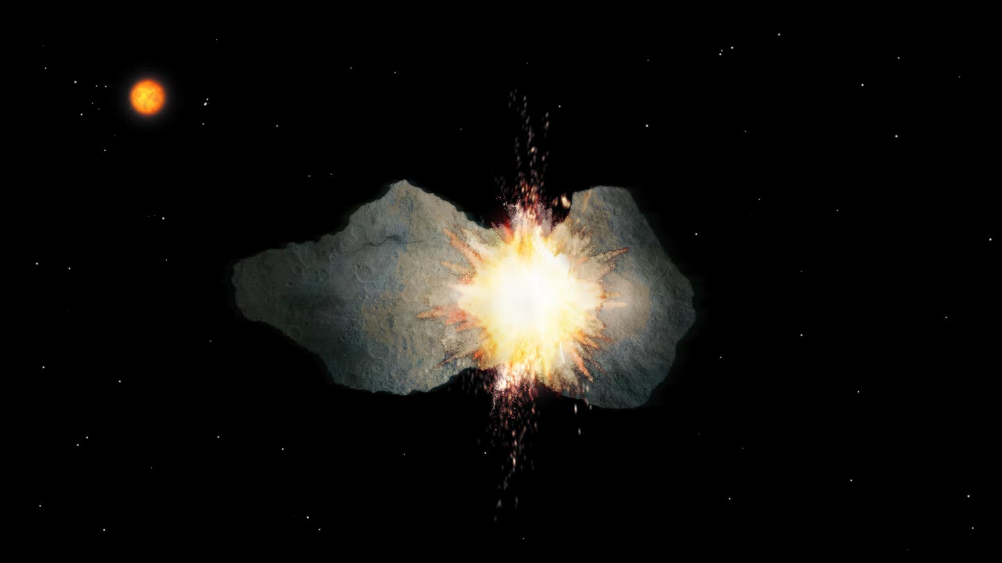 An illustration of two colliding asteroids. Using Gaia data and AI models, researchers uncovered why some asteroids tumble while others spin smoothly.