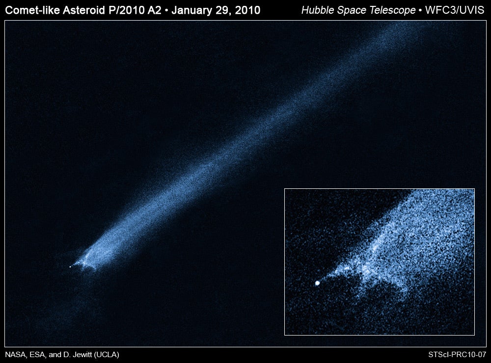 Collisions between asteroids are not uncommon: this is the aftermath of a head-on collision between asteroids as seen by the Hubble Space Telescope in 2010. 