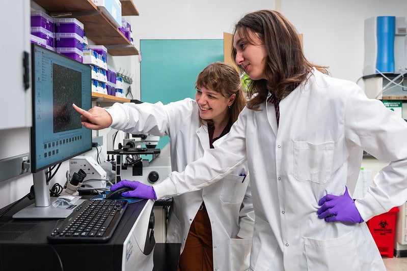 Using a special microscope, Melanie Balbach (L) and undergrad research assistant Lana Kouatli are able to track the quantities and motility of sperm in a particular sample.