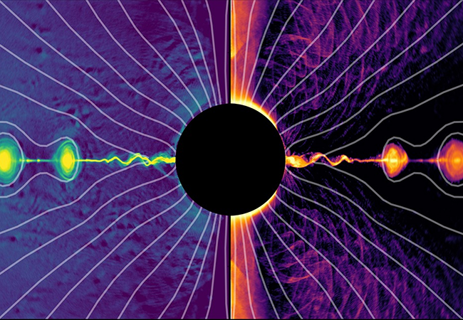 A chain of plasmoids is created on the equatorial plane along the current sheet, where the particle density (left part) is higher. Here, magnetic reconnection takes place, accelerating particles to very high energies (right).