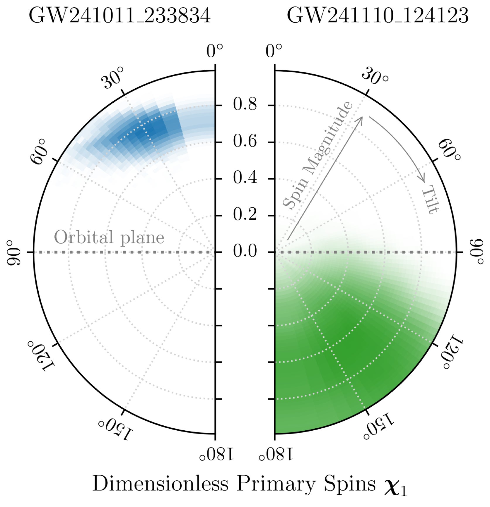 Posterior on the primary spin vector of GW241011 (left) and GW241110 (right). Within each subplot, radial coordinates span the range 0–1 and correspond to dimensionless spin magnitudes.