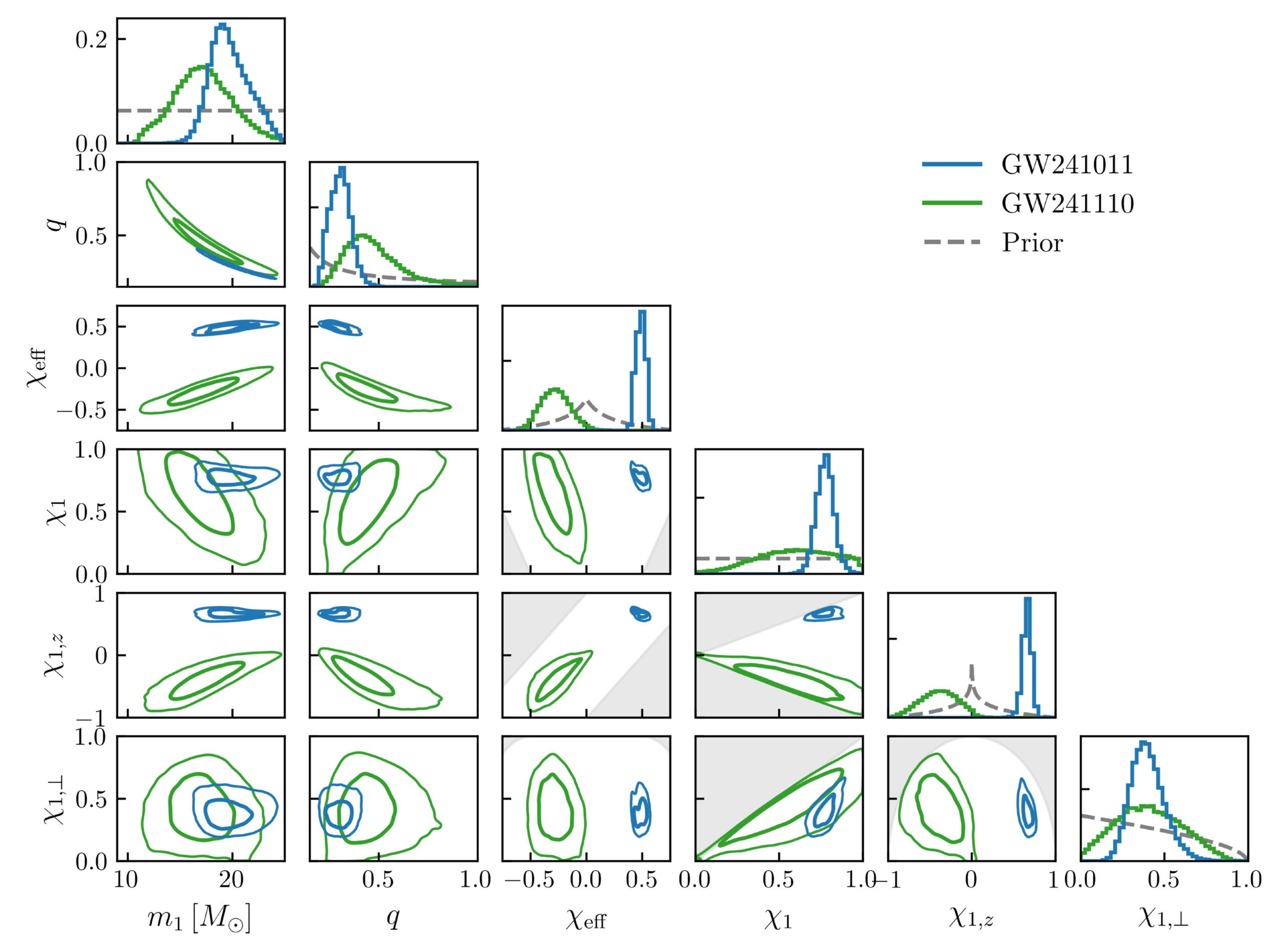 Posterior probabilities on selected properties of GW241011 (blue) and GW241110 (green)