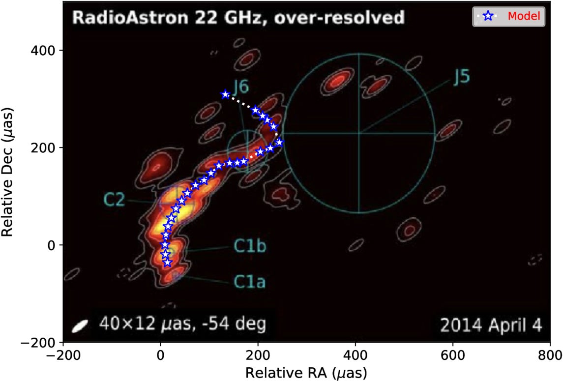 The image of OJ 287 at the record-breaking resolution of 12 μas, achieved in space VLBI when the RadioAstron telescope was 15 Earth diameters away from the ground-based telescopes (a distance of about 190,000 km, comparable to about half of the semimajor axis of the Moon orbit).