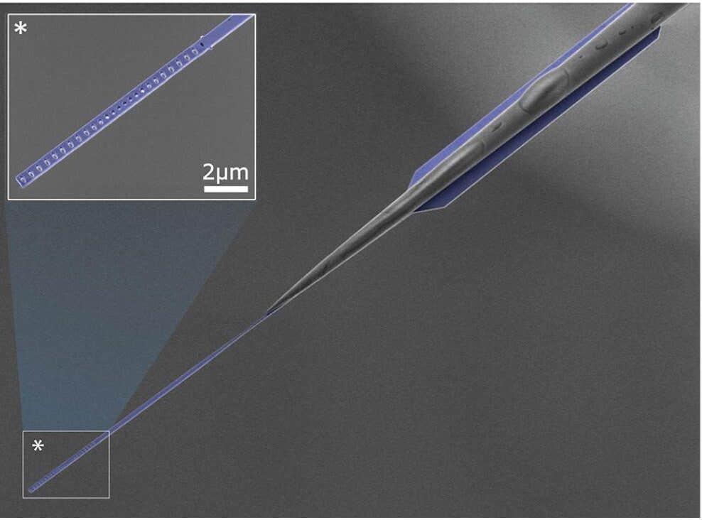 Electron microscope image of the superfluid wave tank (blue) coupled to an optical fibre which brings laser light in and out of the device.