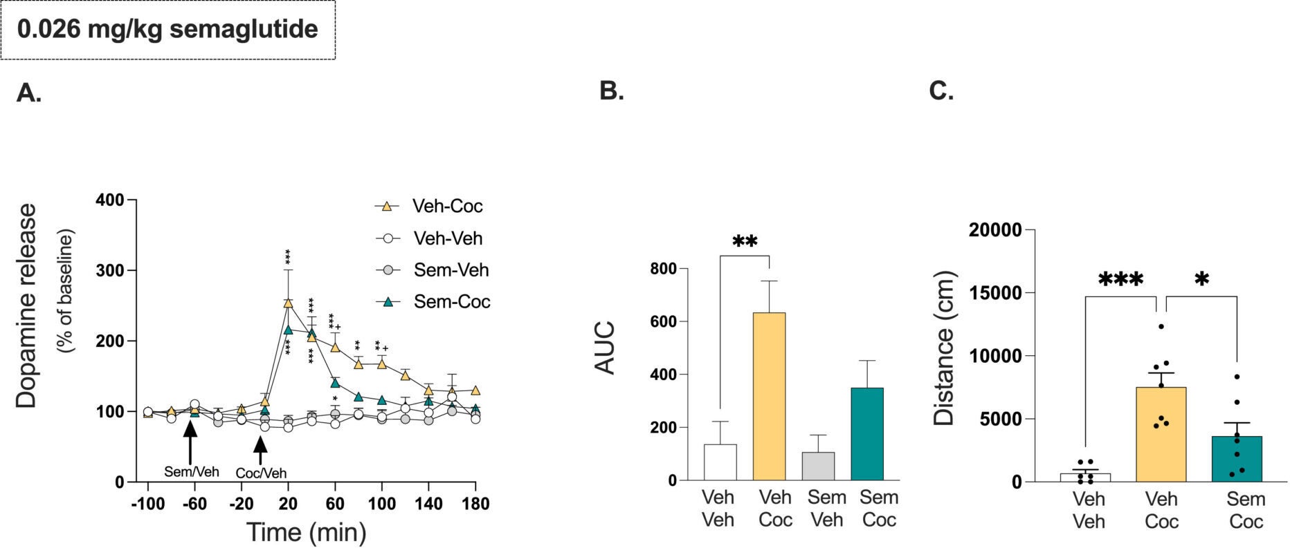 Semaglutide (0.026 mg/kg and 0.039 mg/kg) attenuates the cocaine-induced locomotor stimulation and elevated dopamine levels evoked by cocaine in the nucleus accumbens (NAc) shell in cocaine-naïve male mice.