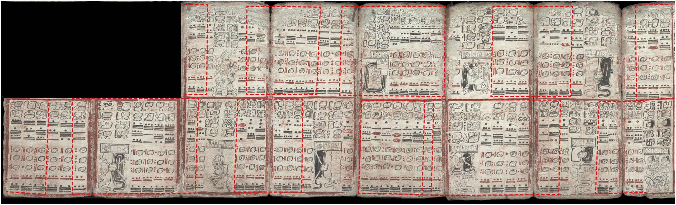 Eclipse table of the Dresden Codex. The dashed boxes surround the sequences of six or (once) seven stations categorized as “intended”; stations between successive dashed boxes are contrived stations. 
