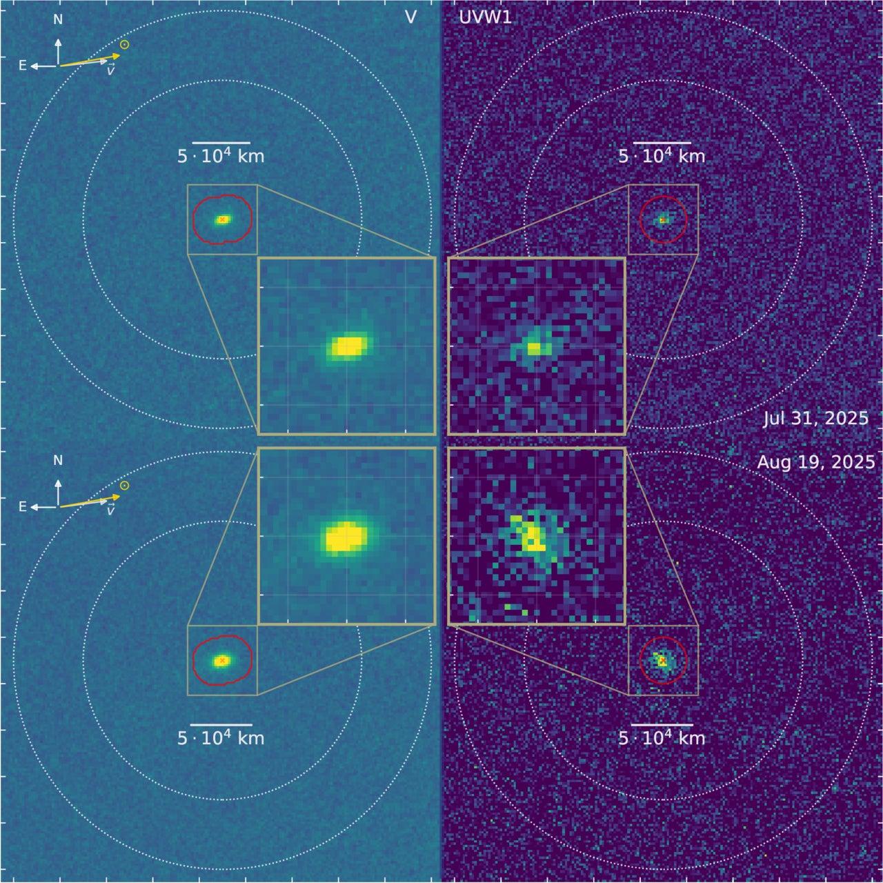 Stacked images of interstellar comet 3I/ATLAS acquired with UVOT, two visits.