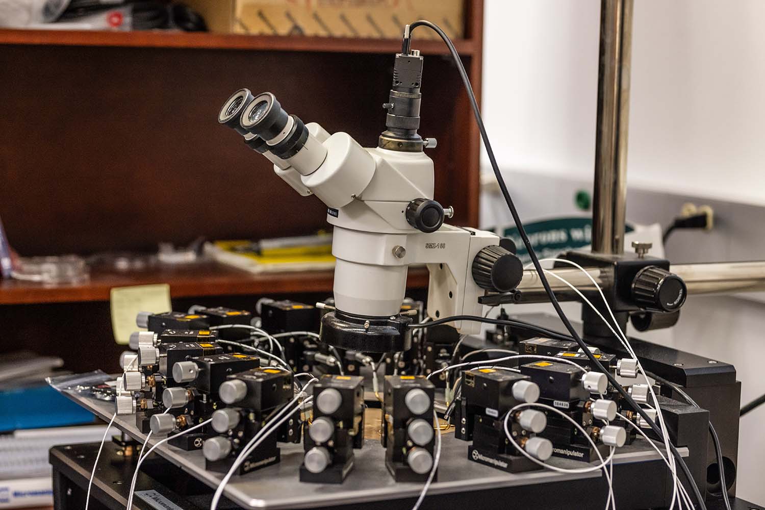 A probe station is used to test small neuromorphic devices in Dr. Joseph Friedman’s lab.