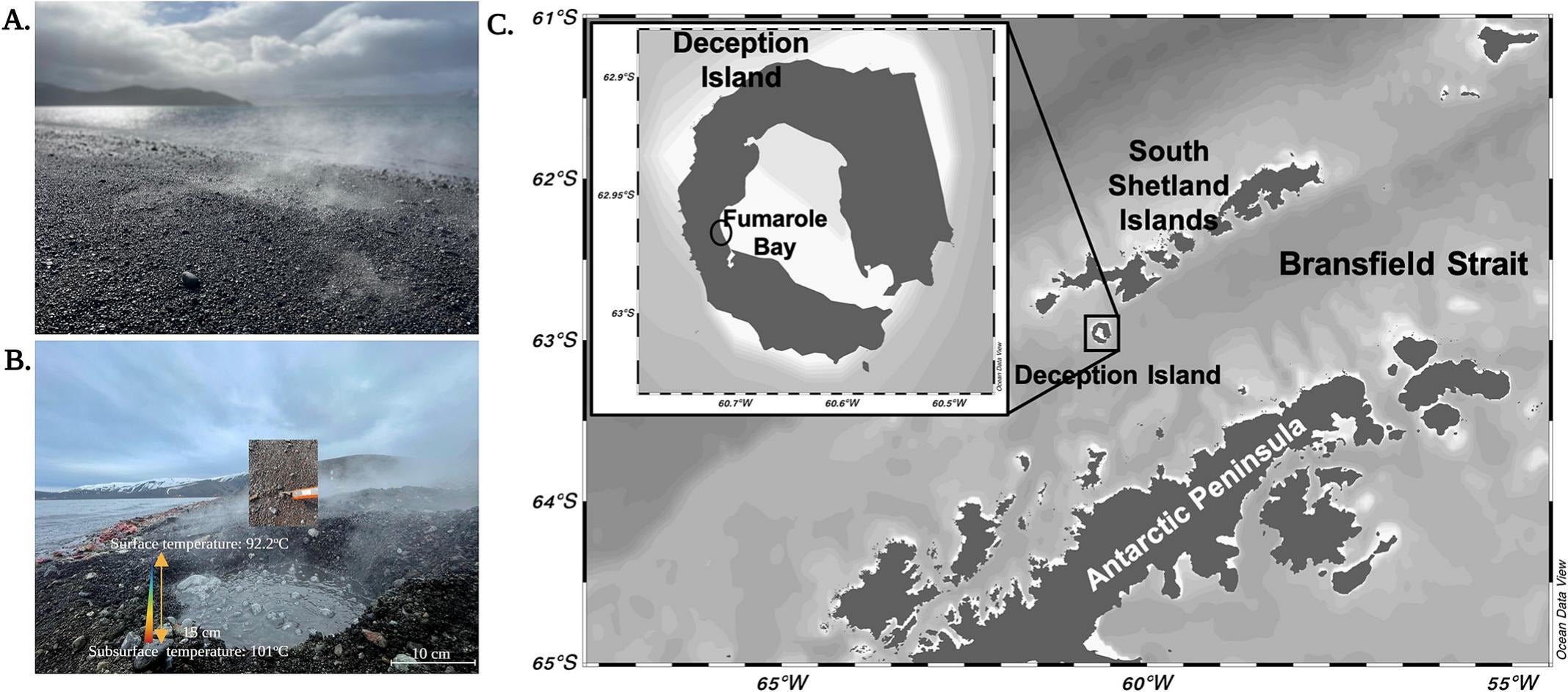A. Side view of the study site from a distance showing vapor B. Direct view of the study site showing the surface and sub-surface temperature C. Map showing the location of Fumarole Bay located on Deception Island, Antarctica.
