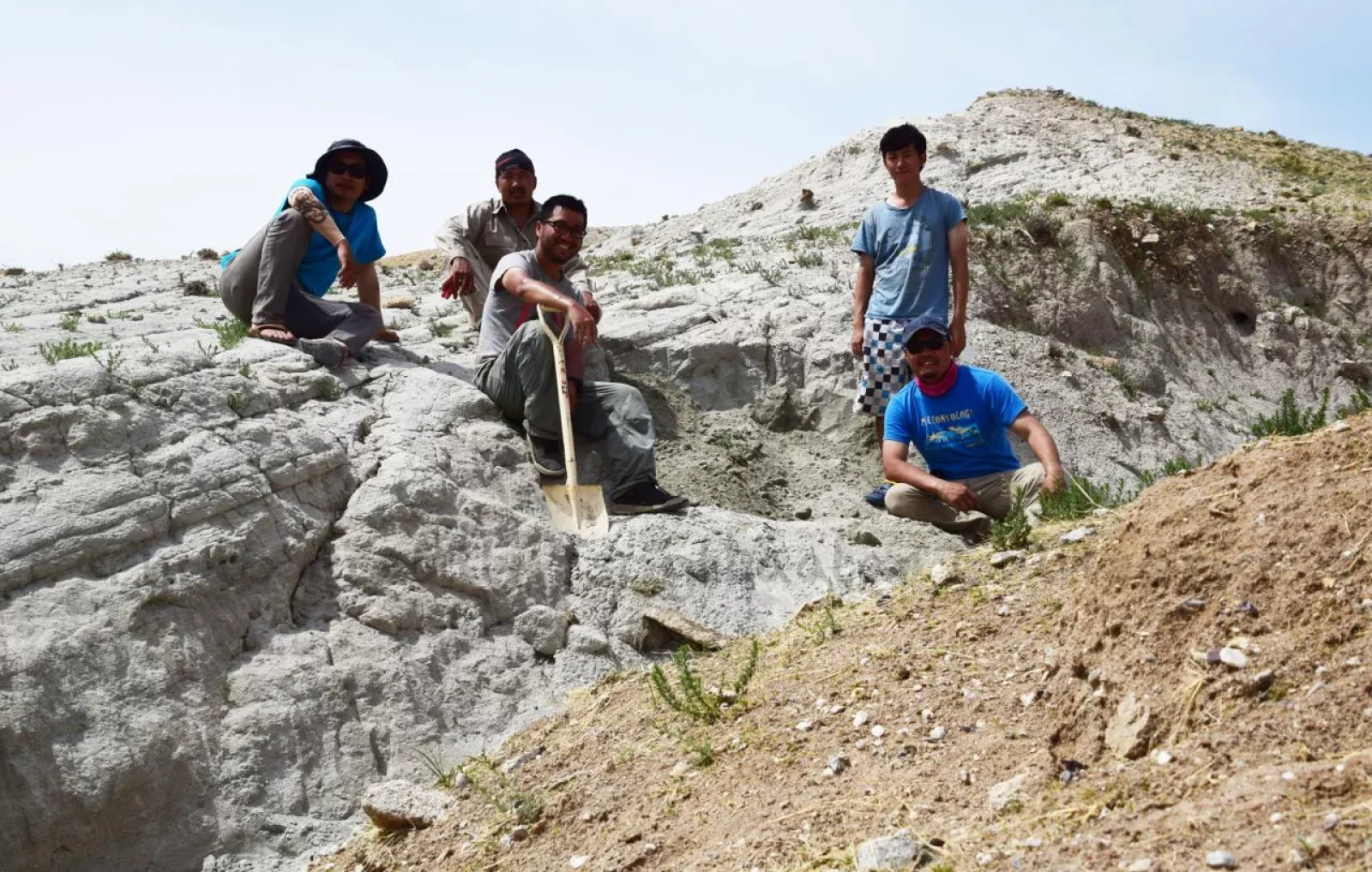 In 2019, following the unearthing of the newly discovered dinosaur, paleontologist Chinzorig Tsogtbaatar (seated, far right) and his team paused to rest beside the excavation site.