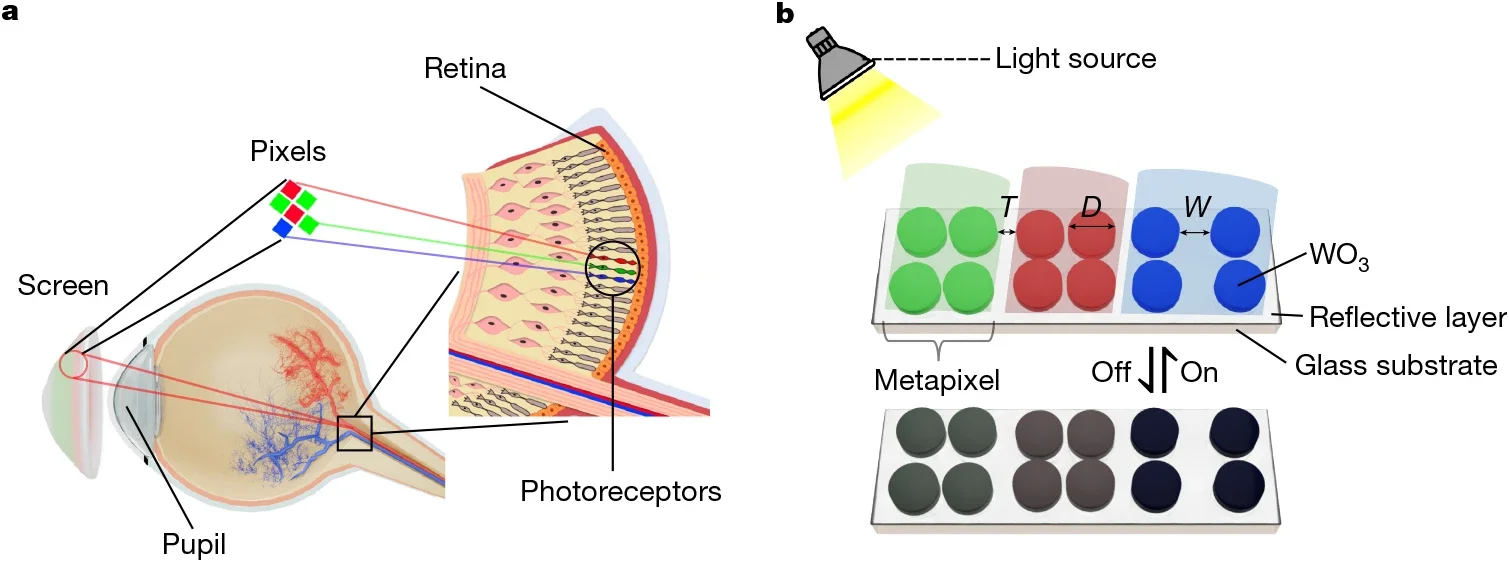 Conceptual illustration of an ultimate virtual reality display. The display is sized to approximate the human pupil and features an ultra-high pixel density serving as a conceptual benchmark inspired by the retina, supporting ultra-fine visual detail.