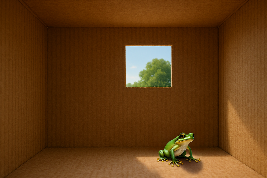 Imagine a frog in a box with an opening at the top. The frog can have the energy to jump as high as the opening, but unless it also jumps through the hole, it is still trapped.