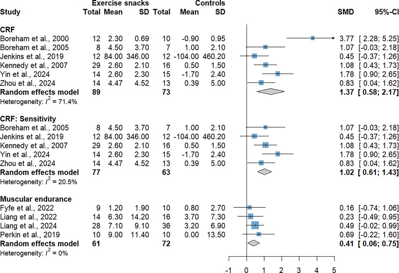 Forest plot summarising the effects of exercise snacks compared with control conditions on cardiorespiratory fitness (CRF), CRF sensitivity analysis and muscular endurance.