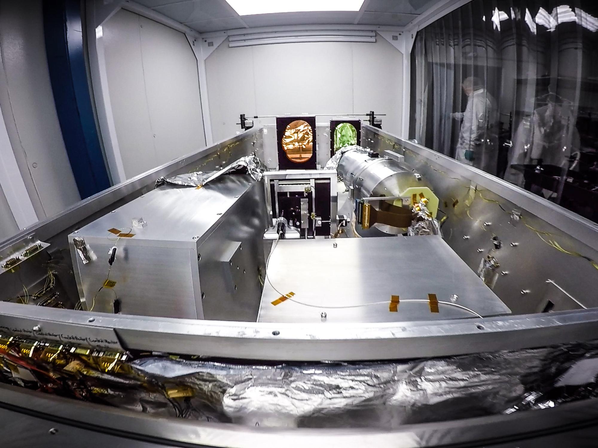The Penn State-led Habitable Zone Planet Finder (HPF) provides the highest precision measurements to date of infrared signals from nearby stars. Pictured: The HPF instrument during installation in its clean-room enclosure in the Hobby Eberly Telescope at McDonald Observatory.