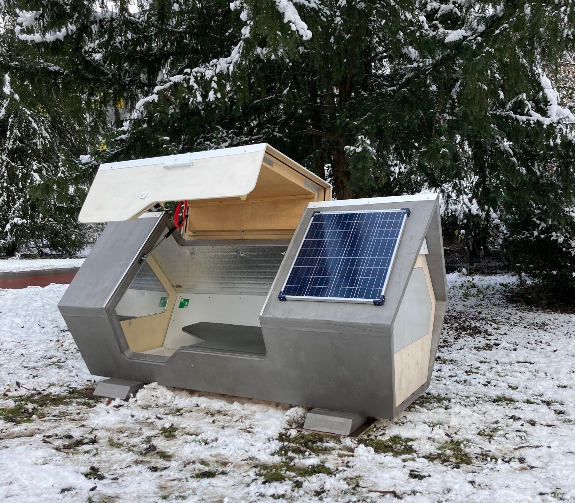 Solar powered Ulm Nest provides shelter and warmth for cold nights.