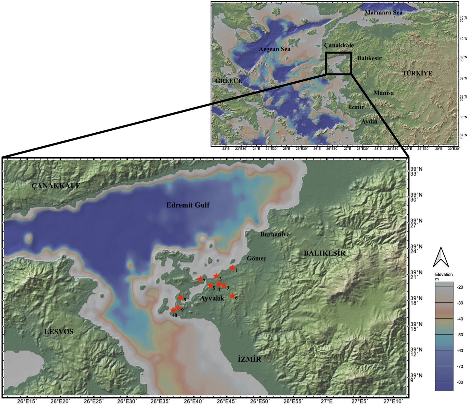 Paleolithic findspots identified during the Ayvalık survey: 1. Şirinkent I, 2. Sahilkent, 3. Şirinkent II, 4. Şirinkent III, 5. Armutçuk, 6. Atatürk Koruluğu, 7. Eski Altınova Yolu, 8. Hakkı Bey Yarımadası, 9. Tuz Gölü I, 10. Tuz Gölü II. 