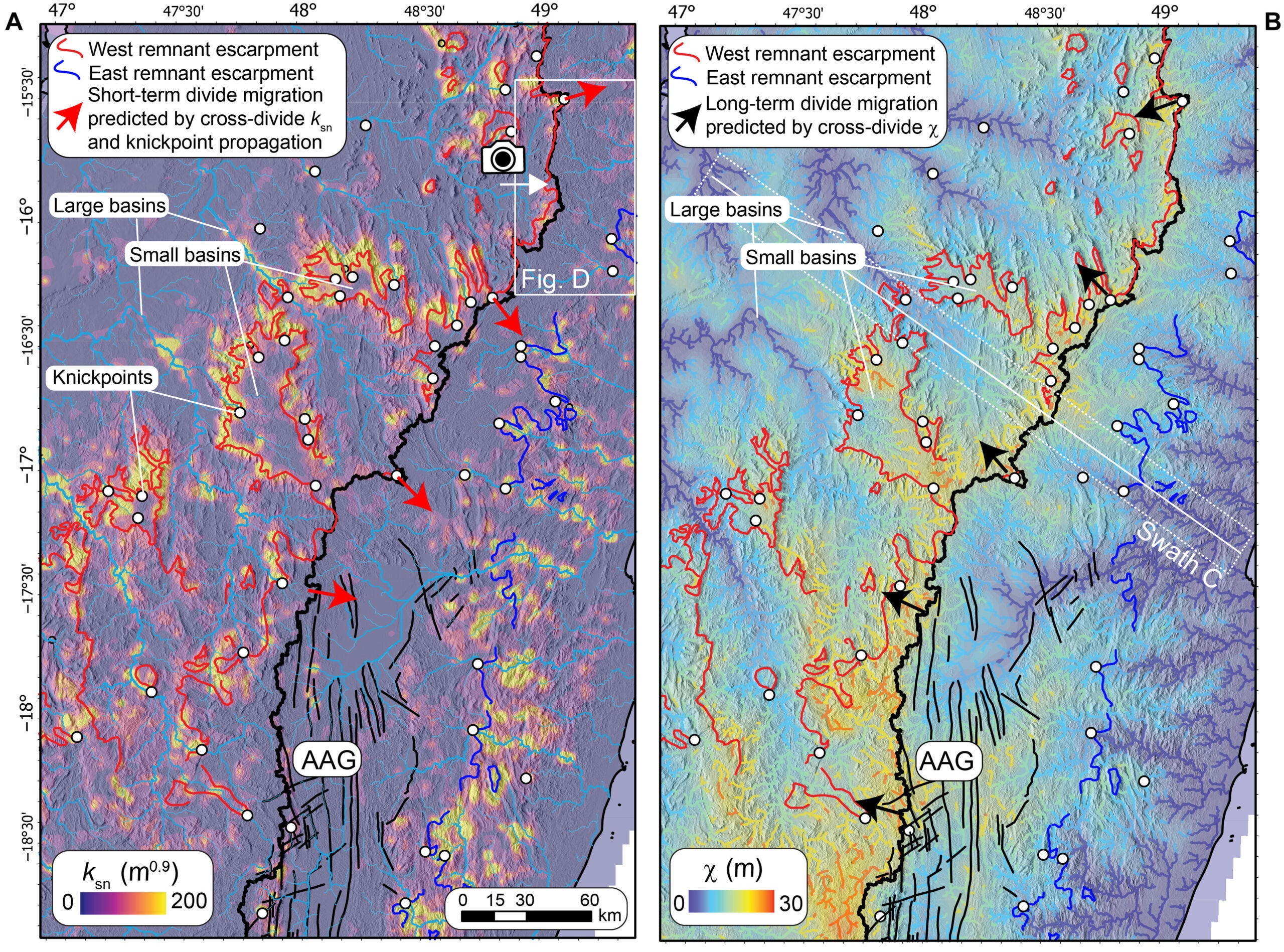 Channel steepness (ksn), normalized distance (χ) map, and linear geomorphic features defining remnant escarpments on plateau edges in central and northern Madagascar.