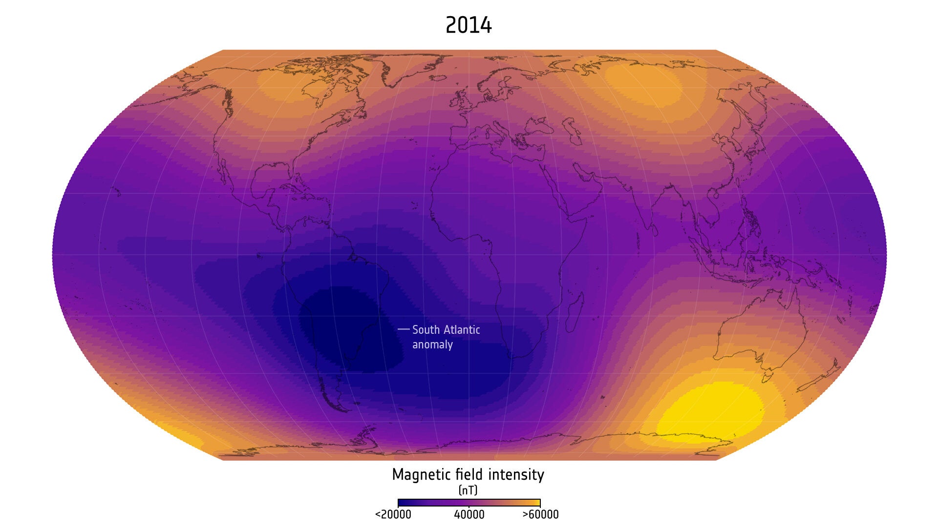 South Atlantic Anomaly 2025 compared to 2014