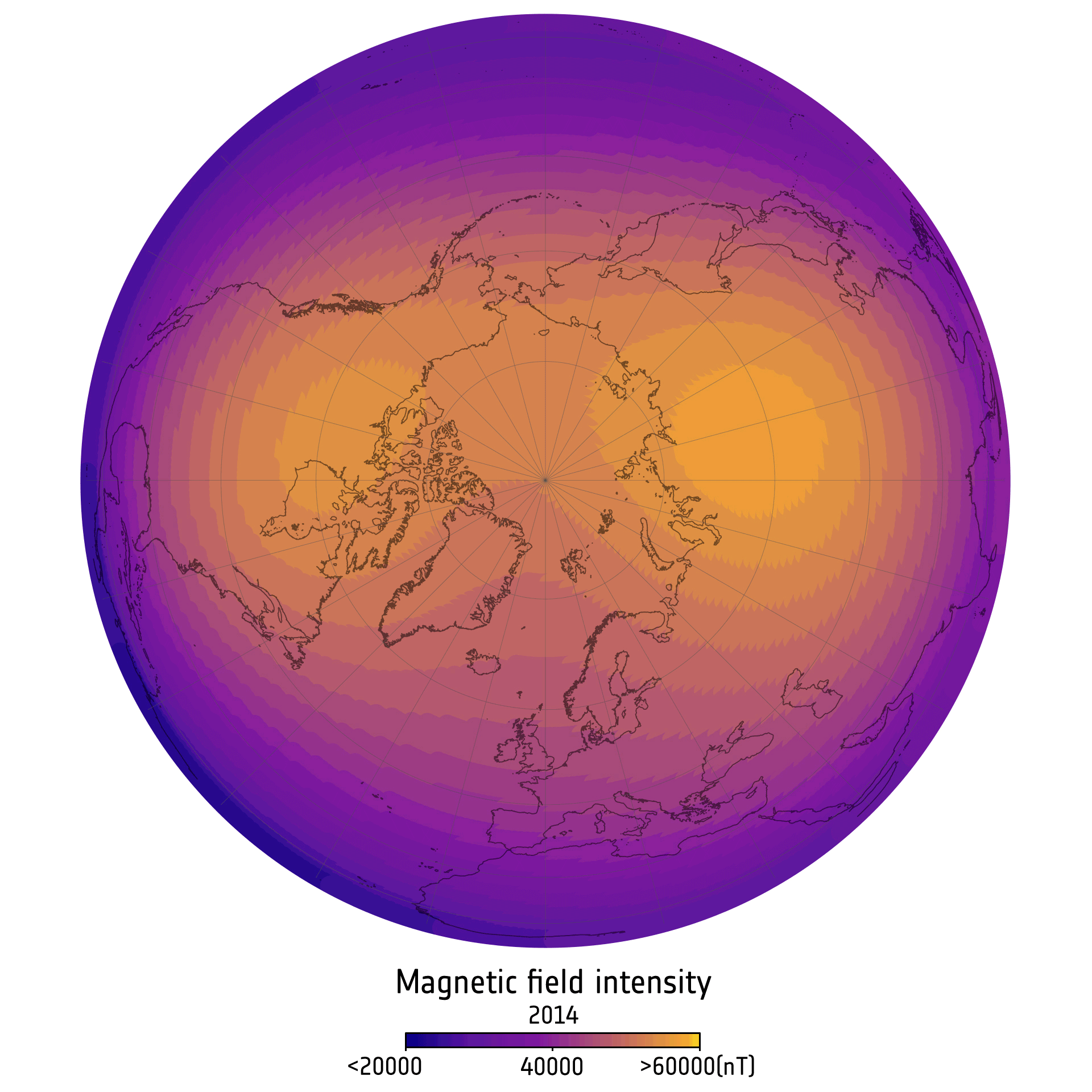 Changes in strong magnetic field over Canada and Siberia