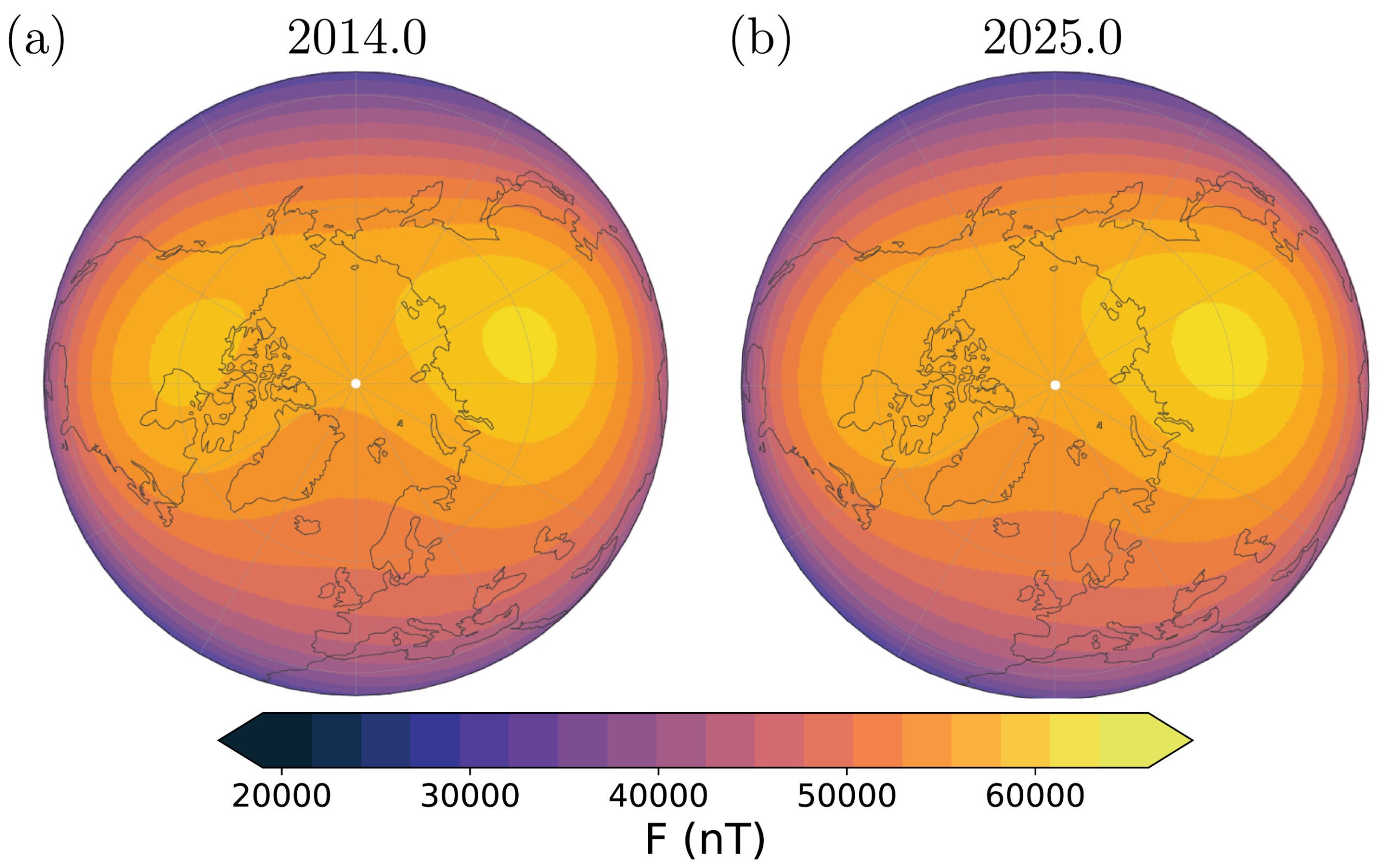 Magnetic Field Intensity (F) at Earth’s surface in the northern polar region (a) in Epoch 2014.0 and (b) in Epoch 2025.0. Units are nanoTesla (nT) Presented in an Azimuthal Nearside Perspective projection.