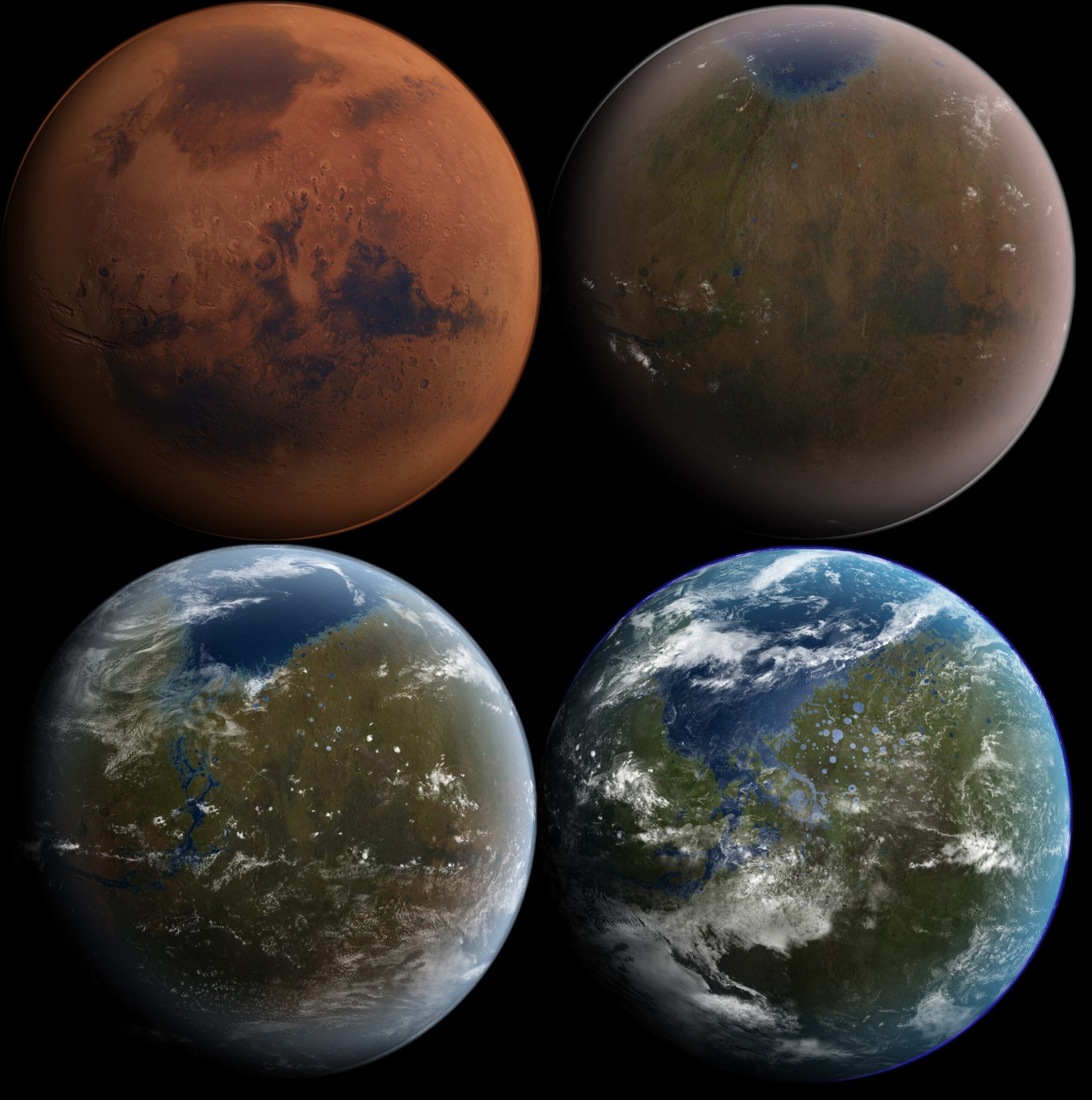 Artist's impression of the hypothetical phases of the terraforming of Mars. 
