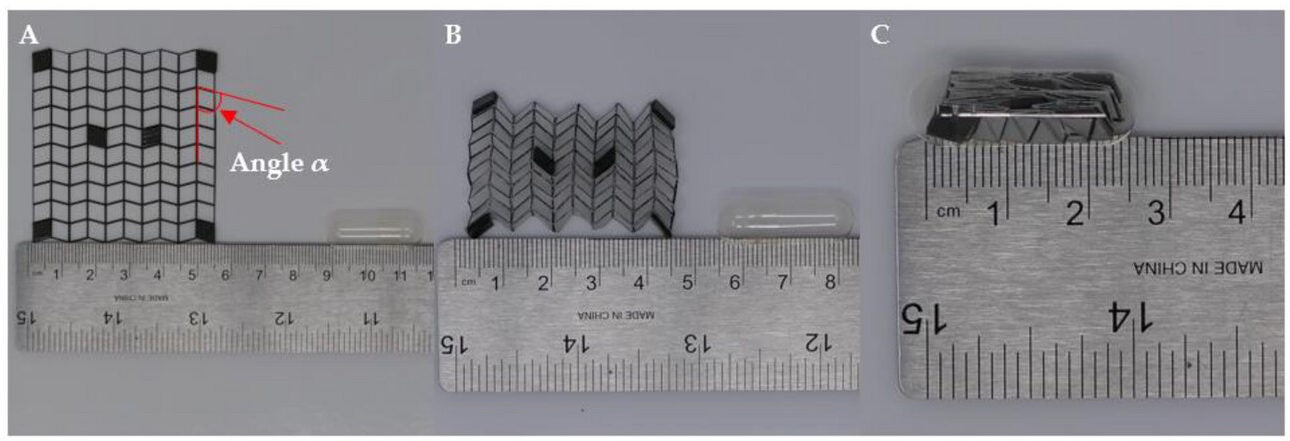 An origami actuator used for non-invasive drug delivery to treat stomach ulcers. A) Fully deployed actuator. B) Halfway-folded origami actuator. C) Fully folded origami actuator encapsulated in a gelatin capsule.