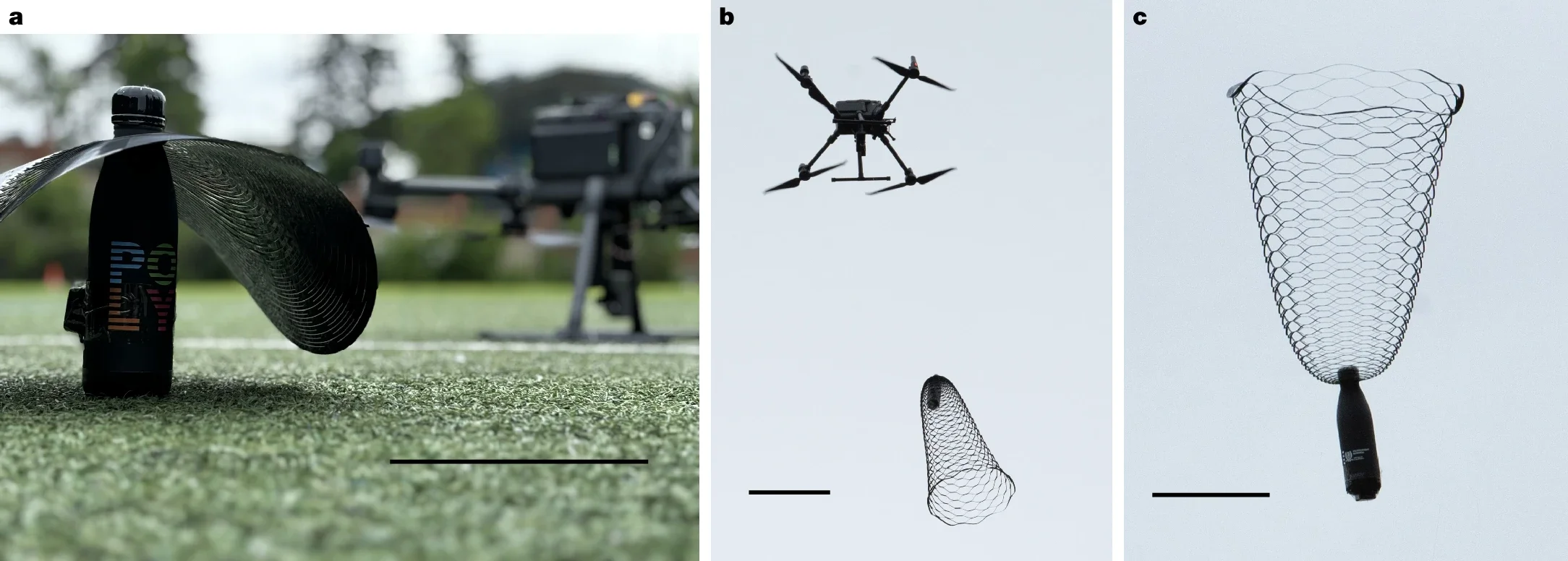 a, Water bottle mounted on a kirigami-inspired parachute attached to a drone. b, Parachute elongating as the drone pulls it up to its dropping altitude of 60 m. c, Snapshot of a kirigami-inspired parachute during free fall in realistic conditions.