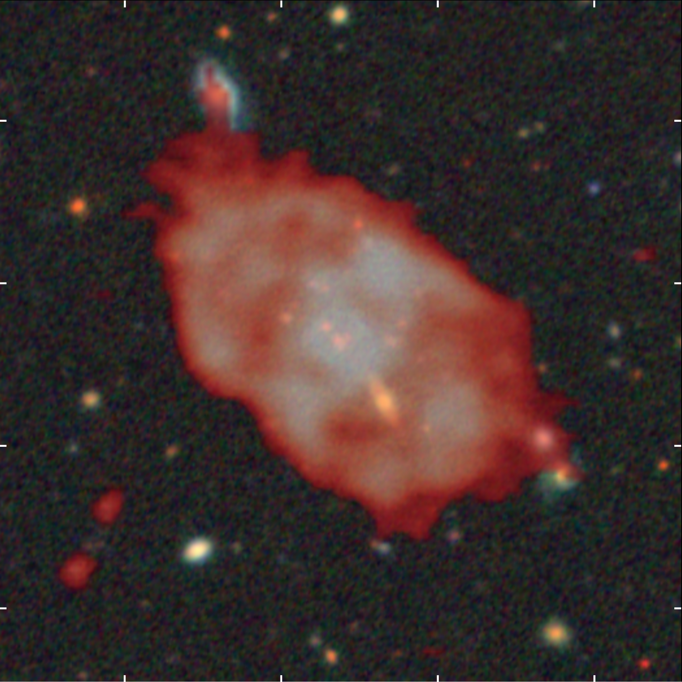 Optical RGB image from the Legacy Surveys, overlaid with radio emission in red from the LOFAR Two-Metre Sky Survey (LoTSS), showing the 'odd radio circle' (ORC) RAD J131346.9+500320.