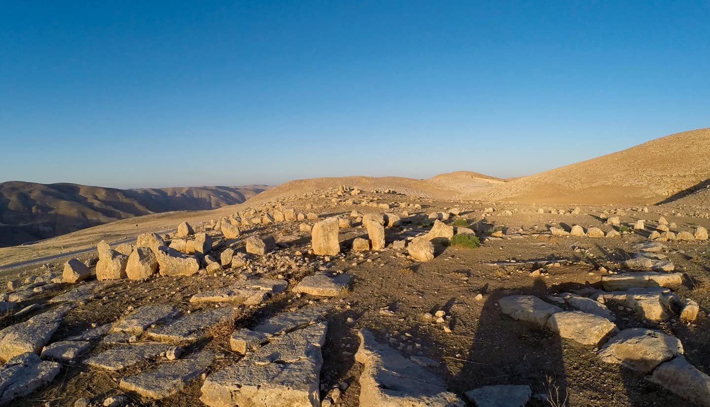 Overview of central knoll (Area 1) from N, showing different lines of standing stones.