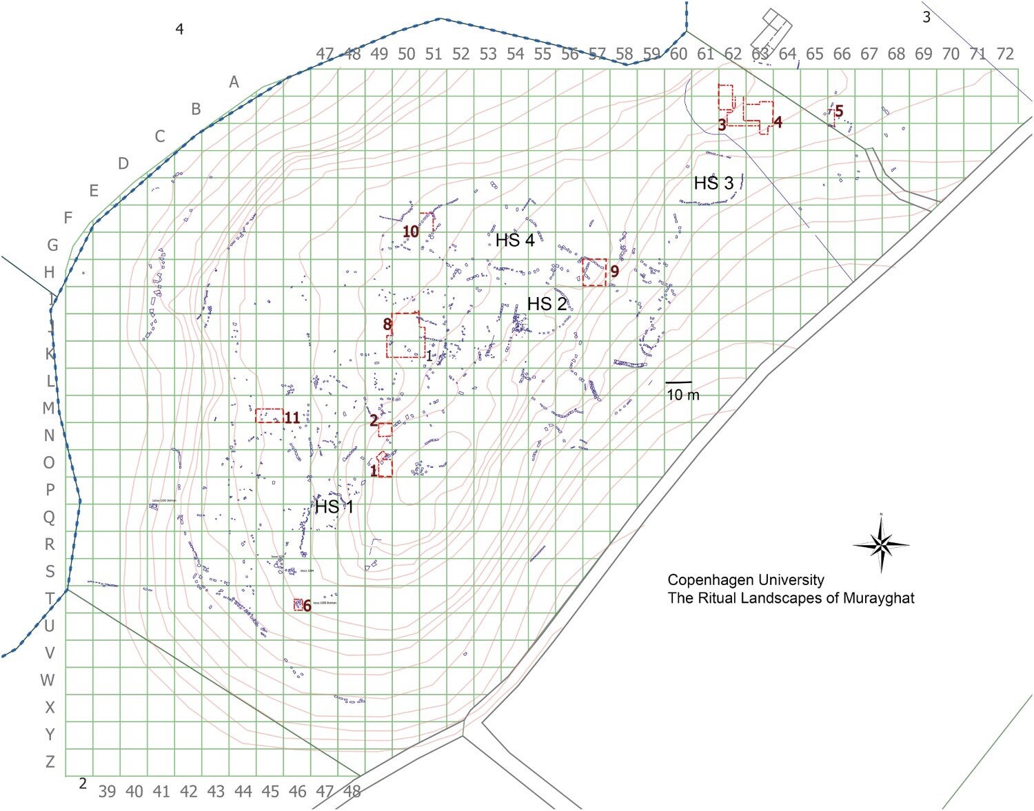Plan of Area 1 (central knoll) showing horse-shoe-shaped standing stone features and trenches. Other lines are other stone structures on the surface.