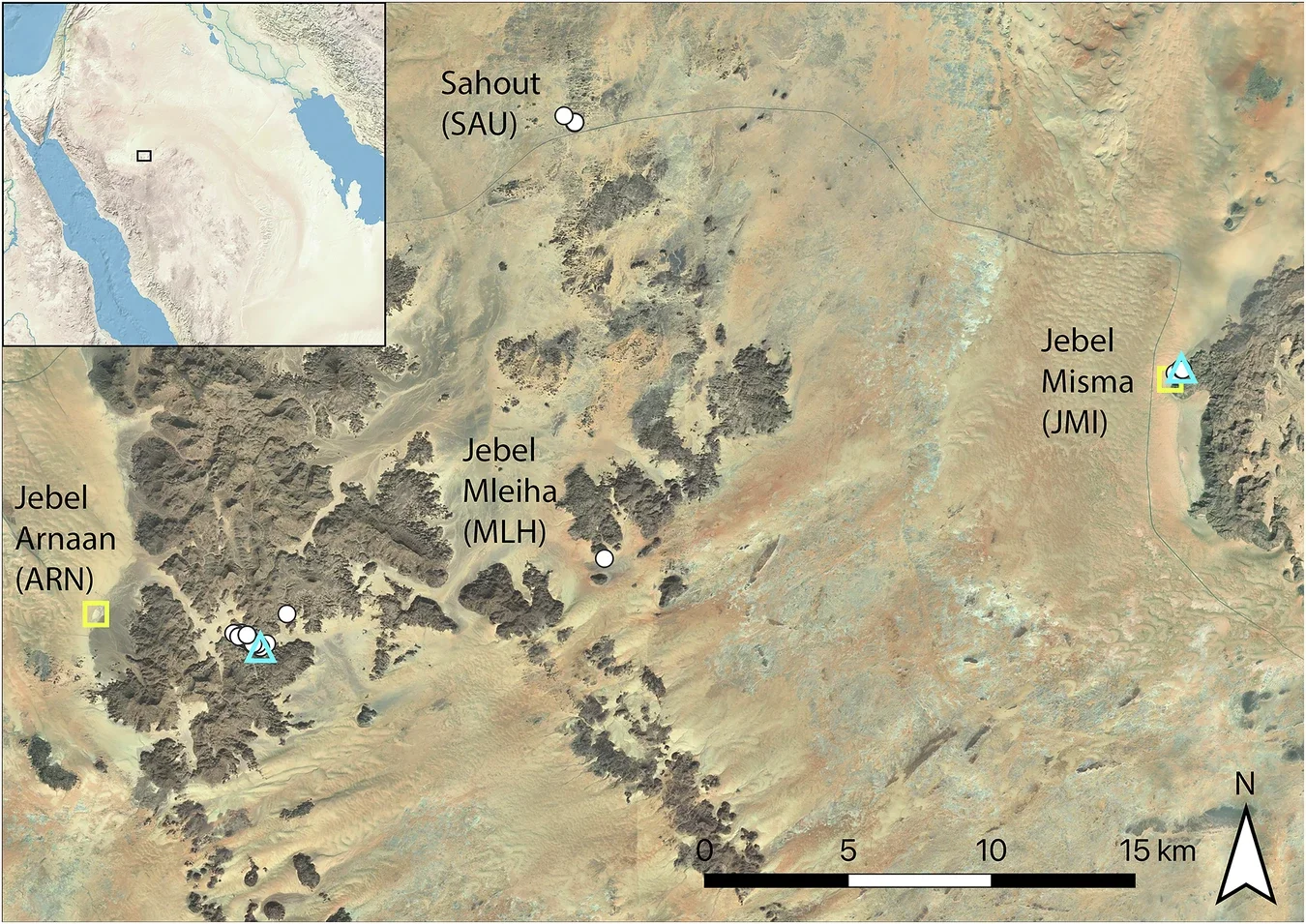Map of the Sahout region south of the Nefud desert, Hail Province, northern Saudi Arabia, showing the rock art areas