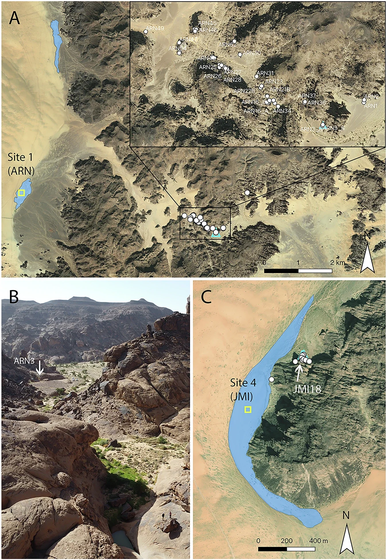 Palaeolakes and modern landscapes at Jebel Arnaan and Jebel Misma.