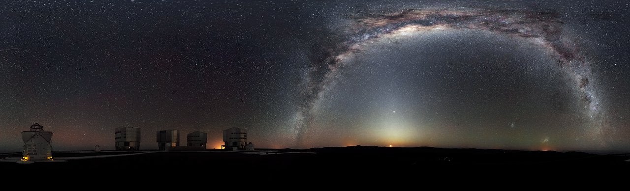 The Milky Way arches across this rare 360-degree panorama of the night sky above the Paranal platform, home of ESO’s Very Large Telescope. 
