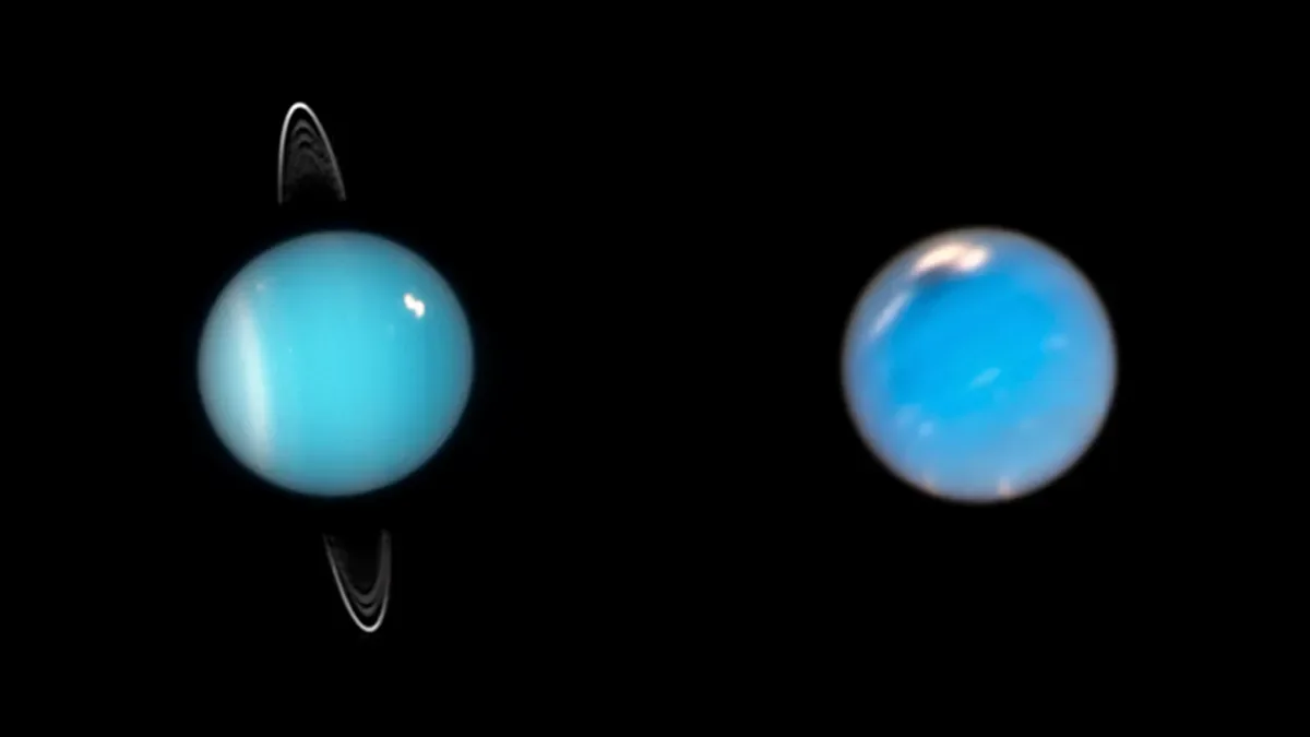 A composite image of Uranus (left) and Neptune from Hubble Space Telescope observations