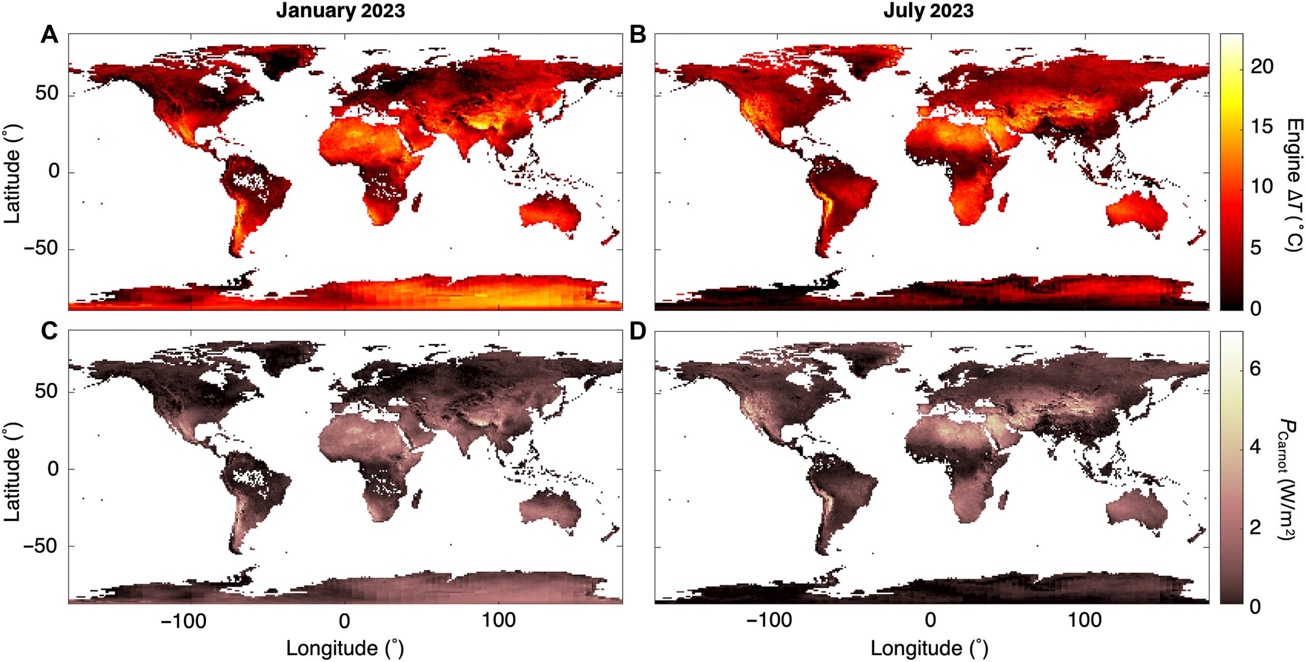 Radiative cooling engine performance under global average sky conditions.