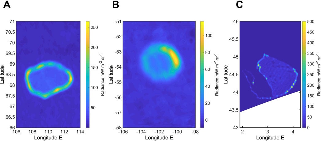 Thermal emission in the M-band (4.78 µm) and analysis of three lava lakes on Io: (A) Chors Patera, (B) Catha Patera, and (C) Pfu1063. For each lake, the vast majority of the total thermal emission originates from the low-temperature crust, which is severely underestimated by standard M-band measurements.