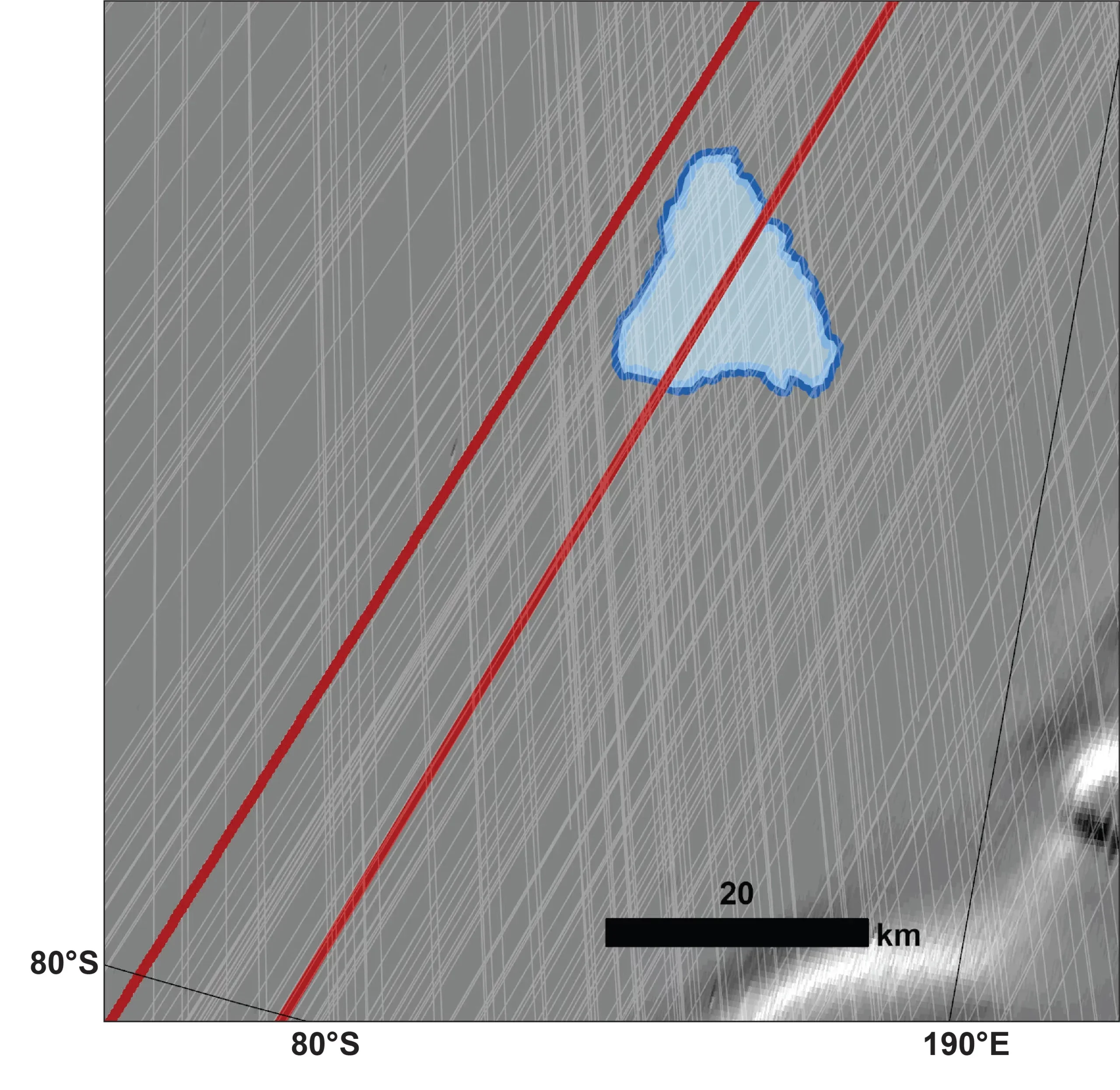 This map highlights the area where ESA’s Mars Express detected a signal in 2018 that scientists interpreted as an underground lake. The red lines trace the path of NASA’s Mars Reconnaissance Orbiter, which passed directly over the site and over a nearby region.
